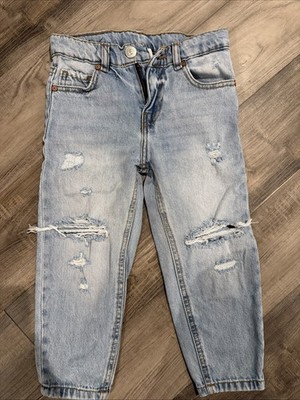 Zara Kids Jeans Loose Fit Blue Denim Size 6 Destroyed Adjustable Waste ￼
