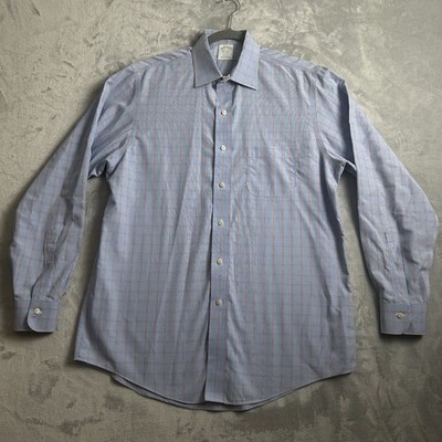 Brooks Brothers Shirt Mens 16.5 34 Blue Orange Plaid Milano Fit Non Iron Stretch