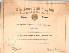Vintage American Legion Honor Award Certificate 1960 WV Newspaper Service