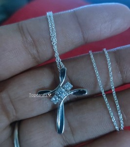 2Ct Round-Cut Real Moissanite Dainty Cross Pendant 14k White Gold Plated