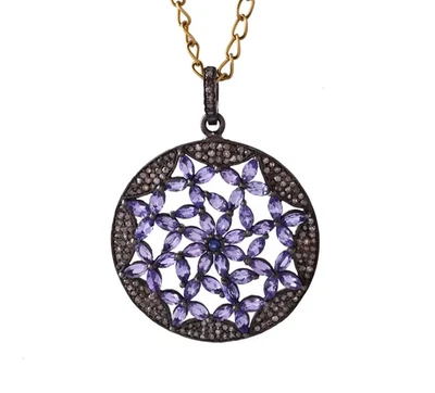 Colgante Flor De Tanzanita Con Diamantes Pave Plata 925 Joyeria Fina - Imagen 1 de 4