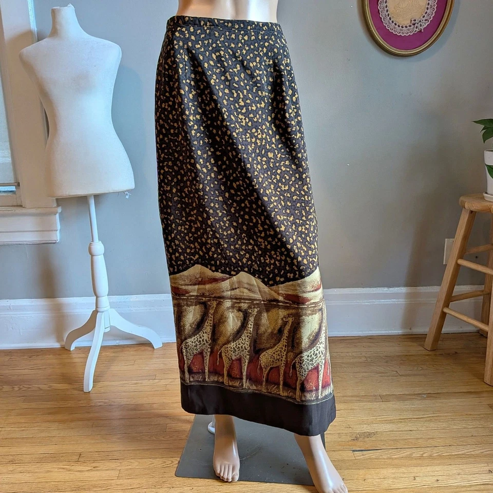 Maxi Falda Vintage Años 90 Hilos Intrigantes Safari Jirafa Hendidura Talla 10 Foto 2 de 4