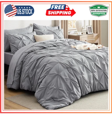 Bedsure Queen Comforter Set, 7 Pieces, Pintuck, Grey, Sheets & Pillowcases