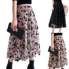 Women Tutu Tulle Skirt Elastic High Waist Layered Skirt Floral Print Mesh A-Line