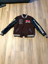 Men’s Brown/Black Leather Varsity Jacket Embroidered Logo Button Pockets XL