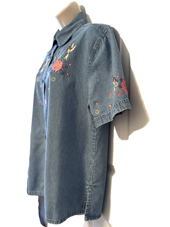 Passion-1 женщин джинсовой ткани блузка размер L цветочный коротким рукавом на пуговицах Топ - Изображение 3 из 4