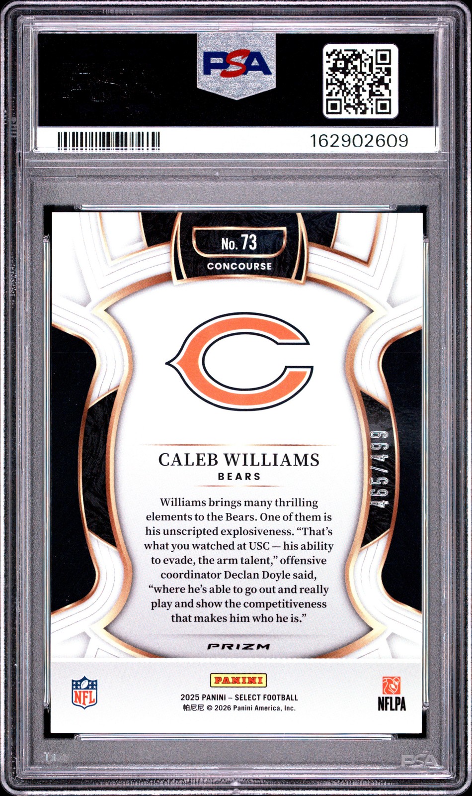 2025 PANINI SELECT ORANGE SHOCK #73 CALEB WILLIAMS 465/499 PSA 10 view 2