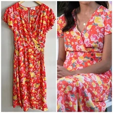 Sienna Sky Faux Wrap Floral Dress Red Yellow Midi Cottagecore Boho L