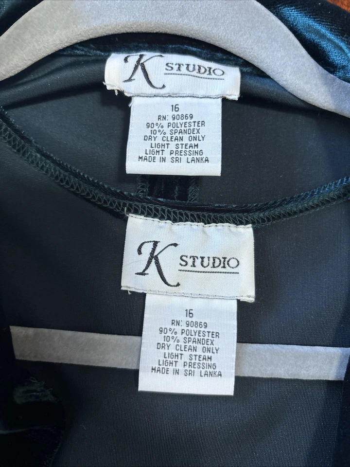 K Studio 绿色天鹅绒长裙夹克套装 16 码晚间鸡尾酒假日活动 — 第 3/4 张图片