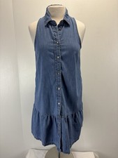 Gap Button Front Mini Shirt Dress Sz Small Women’s Blue Chambray Ruffle Pockets