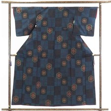 Clearance Recycled Silk Tsumugi Kimono Navy Check Kasuri, Women M