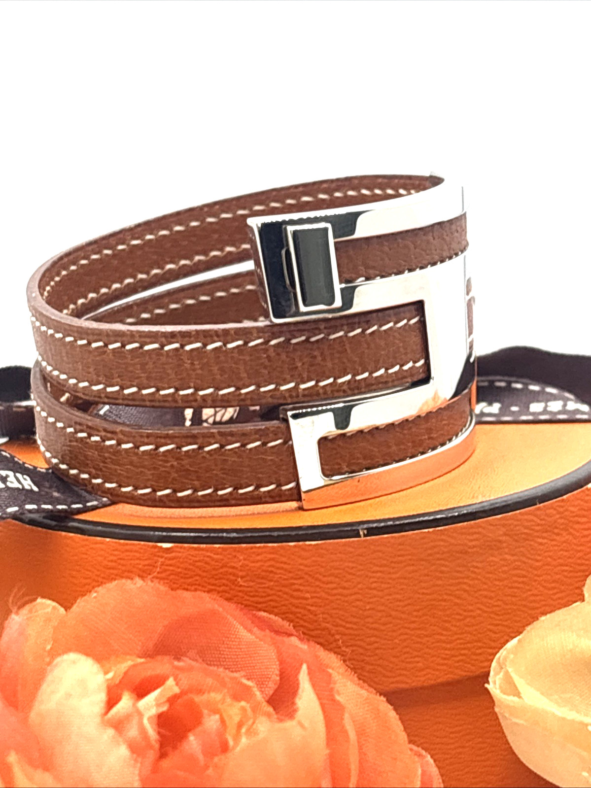 HERMES Pousse Pousse Silver Logo Double Wrap Bracelet Tan Brown Leather RARE image 5
