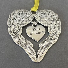 Christmas Ornament Years of tears yellow ribbon heart metal 3in Angel Wings RARE