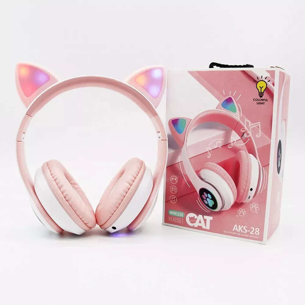 AKS-28 Wireless Over-Ear Headset with Cute Pink Cat Ear Design