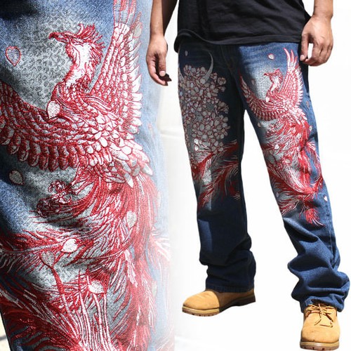 Mens Embroidery Jeans Straight Trousers Denim Japanese Pattern Totem Red  Phoenix | eBay