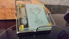Set -4 etched glass coasters w design and bumper pads housed in Stainless Holder