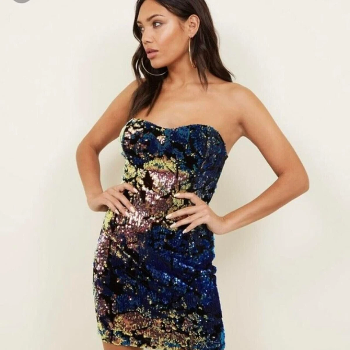 New Look Multi Colour SPARKLY SEQUIN Padded Bust NYE PARTY Dress Size 14