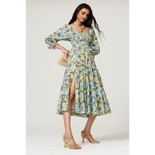 LoveShackFancy Blue Capri Floral Print Smocked Square Neck Midi Dress Size XS