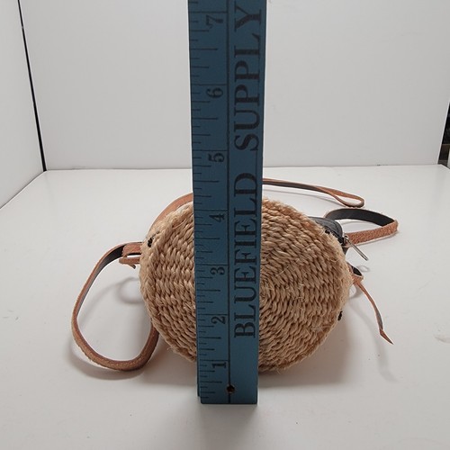 Small Crossbody Jute & Leather Bag Wicker Basket Purse w/ Beads 6” Boho Sisal - Picture 6 of 7