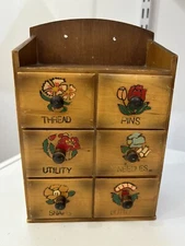 Vintage Wooden Sewing Box With 6 Drawers For Thread Pins Buttons  Hang Or Stand