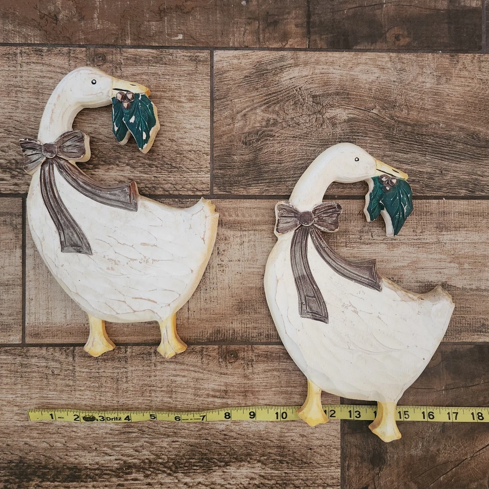 Vintage Wooden Christmas Geese Bow Wall Decor Hanging Set Of 2 Figi Graphics - Image 2 of 4