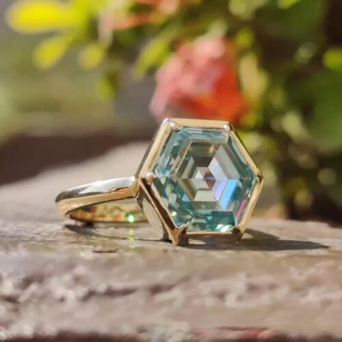 14K Yellow Gold 5 Ct Cyan Blue Hexagon Cut Bezel Set Moissanite Engagement Ring - Picture 2 of 6