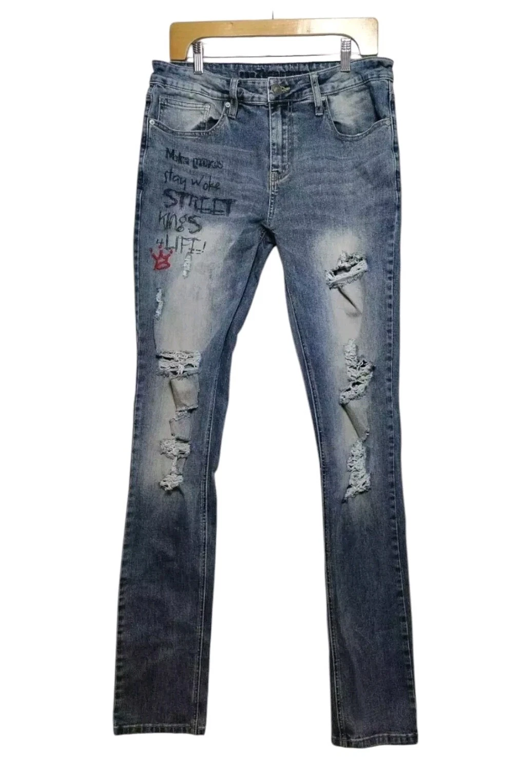 Jean homme Rue 21 Premium 32x35 empilé skinny supreme flex graffiti vieilli