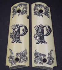 1911/Clones For Kimber/Colt  Scrimshawed Ornate Initial "P" & Scroll Works! NICE