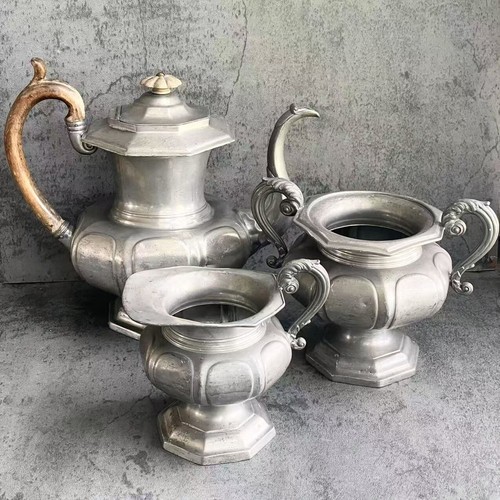 Antikes James Dixon & Sons Teeservice Set Zinn 3-teilig mit Holzgriff MCM