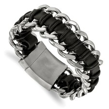 Stainless Steel Brushed and Polished Blk Leat...