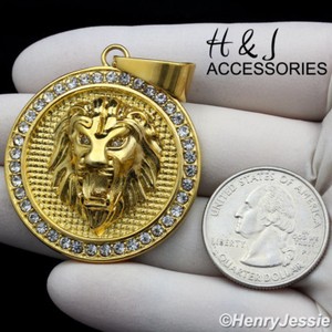 Authentic MEN ICY CZ LION KING FACE 3D Gold Plated Round Pendant*AGP109