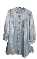 Vintage NICOLE Nightgown Button Satin Embroidered Pleated Lace Md Light Blue