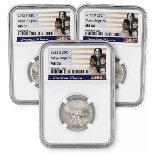 2022 P/D/S - 3pc Set - 25c Maya Angelou American Women Quarter NGC MS66