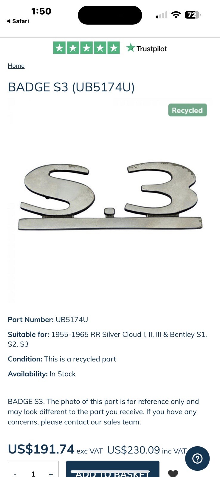 1955-1975 Silver Cloud S.3 Bentley Rolls Royce Jack Barclay Hubcap Chrome Trim