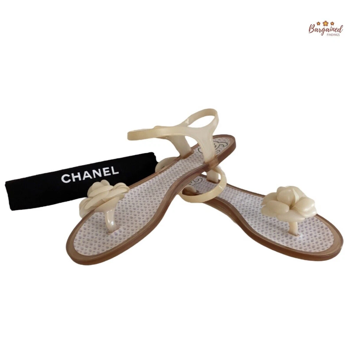 Chanel Black Leather CC Camelia Thong Flat Sandals Size 41