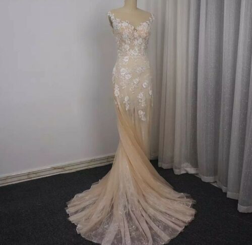 Vintage Champagne Lace Applique Sequins Wedding Dress Illusion Neck Bridal Gowns - Picture 4 of 9