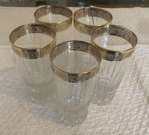 Tall Gold Plated Rimmed Glasses X 5. Excellent Condition.