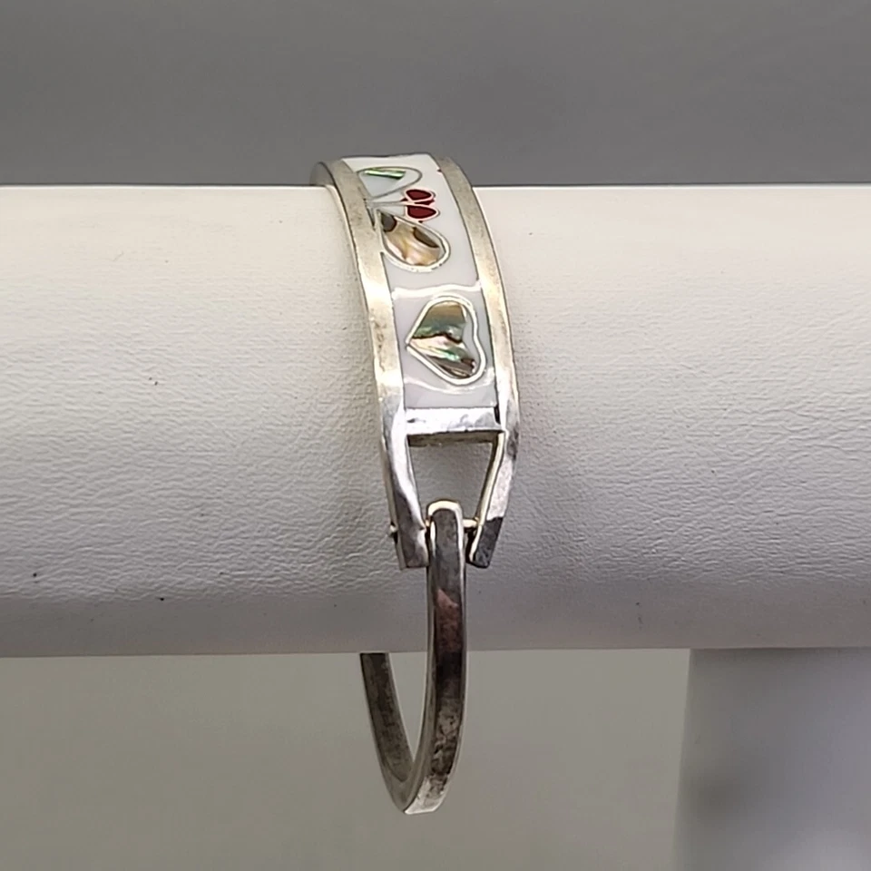 Pulsera Bisagras México Vintage Corazones Abulón Incrustación Esmalte Blanco 6.5" Foto 3 de 4