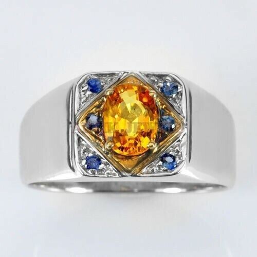 Natural Citrine & Heated Sapphire with 925 Sterling Silver Ring For Men's 648 - Picture 11 of 15