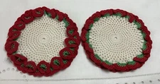 Two Vintage Hand Crocheted Doilies, Round, Sm, Flower Design, White, Red, Green