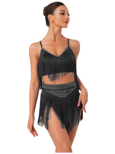 Women Fringe Latin Belly Dance Costume Fringe Crop Top with Tiered Tassels Skirt - Picture 41 of 98