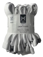 Member's Mark Men Crew Socks 10 Pair 79% Cotton Sizes 6-12 WHITE MADE IN USA NEW