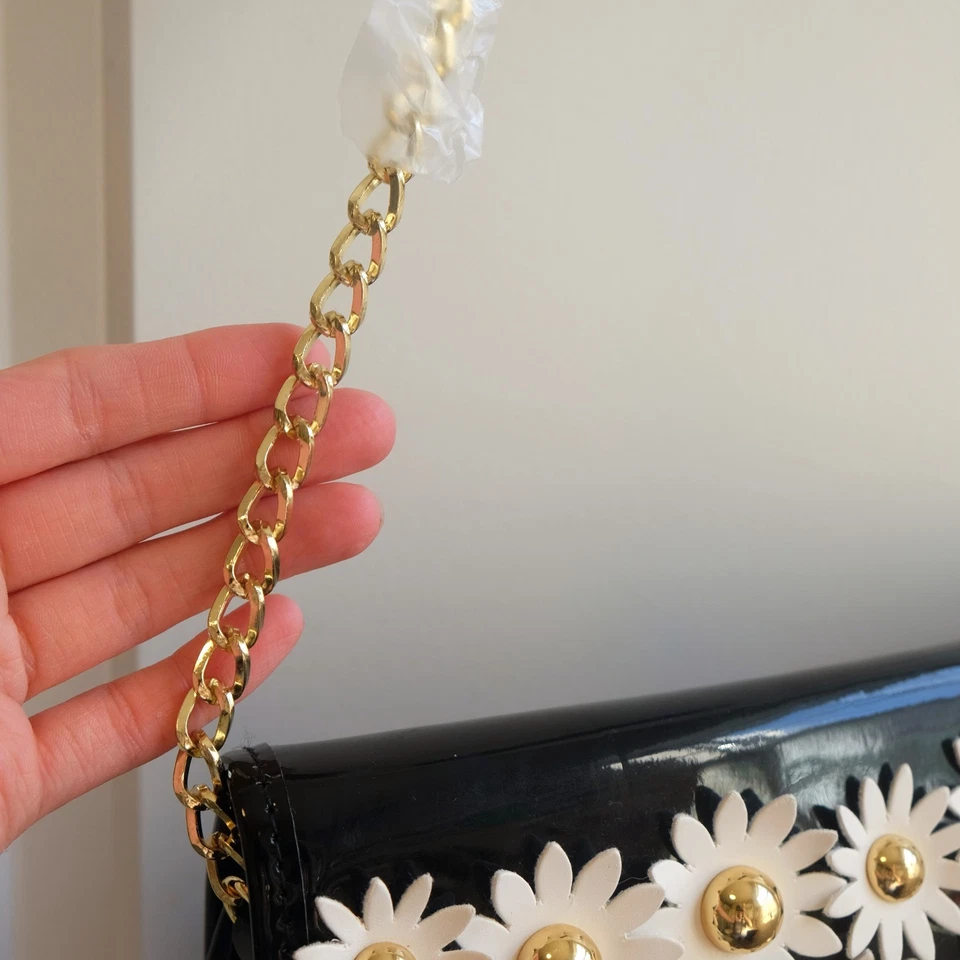 Lulu Guinness 3D Daisy Crossbody Purse Black with White Flowers Gold Metal Chain - Image 4 of 4