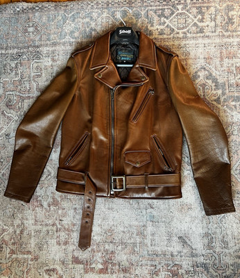 Schott N.Y.C. Perfecto Men's Brown Leather Biker Jacket Belted Zip Buckle M