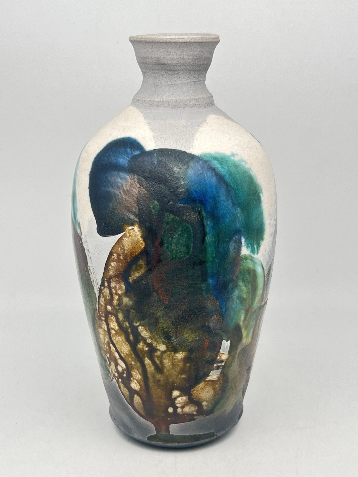 Raku Art Pottery Hand Made Vase 8.5” Tall Abstract Multi Colors