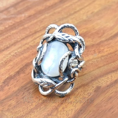 Rainbow Moonstone Ring, 925 Sterling Silver Vintage Ring, Snake Design Ring
