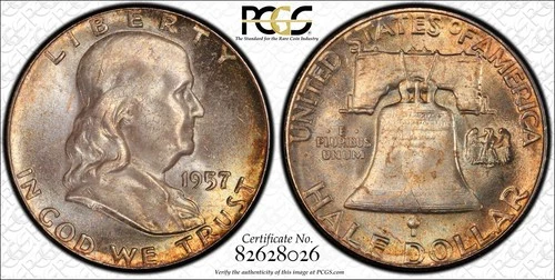 1957 Franklin Half Dollar PCGS MS66+ FBL CAC - Subtle Golden Rim Toning