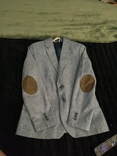 H M Gray Herringbone Blazer with Faux Leather Elbow Patches