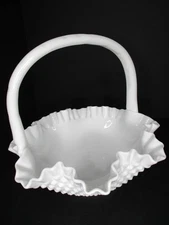 Vintage Fenton Milk Glass Ruffled Hobnail Handle Basket Bowl
