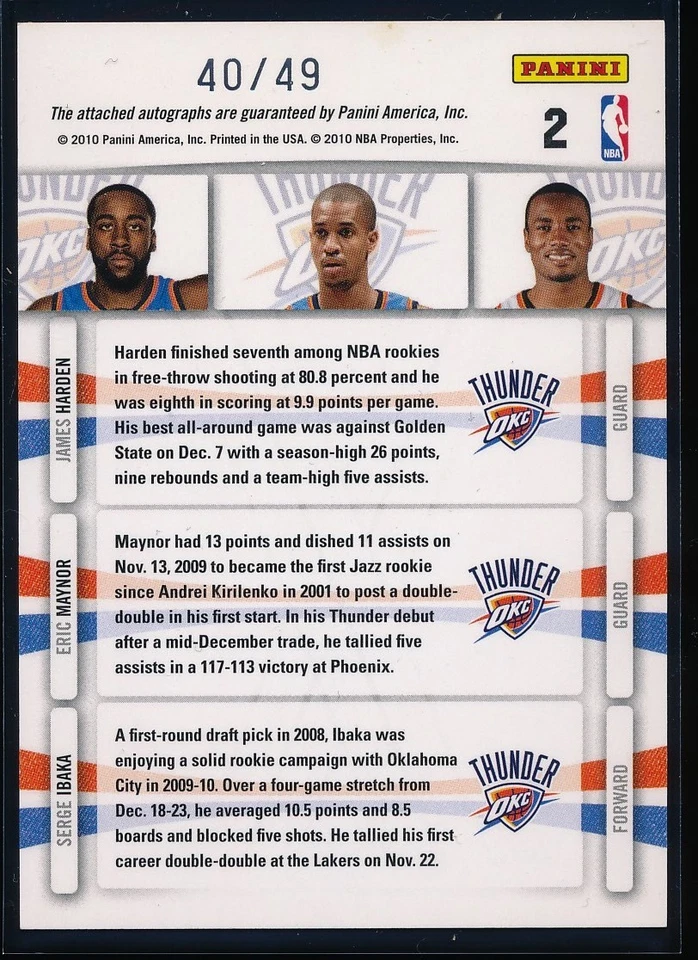 2009-10 Panini Season Update James Harden Maynor Ibaka Triple Rookie Auto /49 - Image 2 of 2